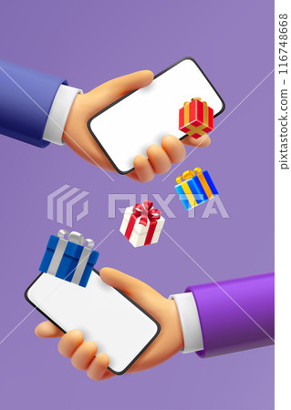 Sending gifts to friend via smartphone. 3d vector illustration Sending gifts to friend via smartphone. 3d vector illustration 116748668