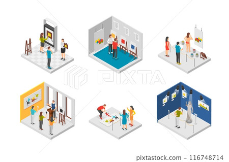 Isometric art exhibition. Creative flash mob, artists at work process in gallery. Digital museum exhibits, visitors and creators, flawless vector scenes 116748714