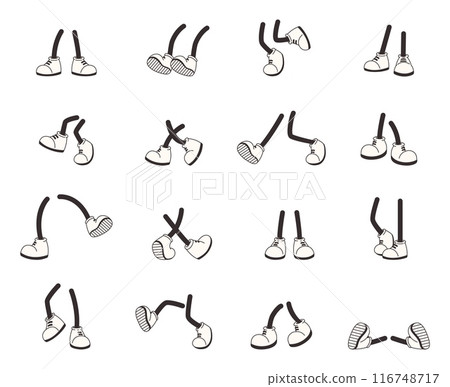 Comic cartoon legs. Foot wear boots, retro style animation feet characters. Standing running jumping walking sitting positions, snugly vector set Comic cartoon legs. Foot wear boots, retro style animation feet characters. Standing running jumping walking sitting positions, snugly vector set 116748717
