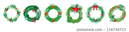 Cartoon christmas wreaths. Winter decoration door wreath with green branches red berries bows and cones. New year holidays neoteric vector set Cartoon christmas wreaths. Winter decoration door wreath with green branches red berries bows and cones. New year holidays neoteric vector set 116748723