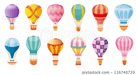 Cartoon hot air balloons. Travel balloon flying, adventure and sightseeing tourist transport with baskets. Vintage transportation neoteric vector set 116748729