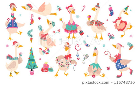 Christmas goose. New year geese wear winter holiday costumes and accessories. Cartoon birds in santa claus and elf hats, nowaday vector clipart 116748730