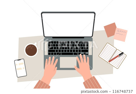 Working on laptop from home. Hands in pajama shirt work with computer. Freelancer job, student studying or user surfing internet, vector concept Working on laptop from home. Hands in pajama shirt work with computer. Freelancer job, student studying or user surfing internet, vector concept 116748737