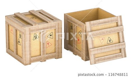 Wooden boxes. Opened and closed wood crates, parcels. 3D rendering 116748811
