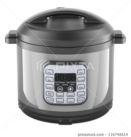 Smart Automatic Multicooker, front view. 3D rendering Smart Automatic Multicooker, front view. 3D rendering 116748814