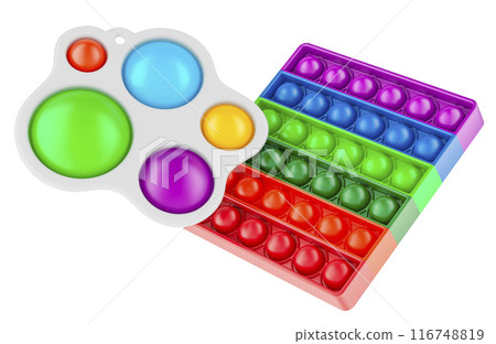 Simple dimple and Silicone push pop. Fidget sensory stress bubble toys. 3D rendering Simple dimple and Silicone push pop. Fidget sensory stress bubble toys. 3D rendering 116748819