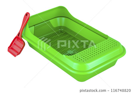 Green Cat Litter Tray with red litter scoop. 3D rendering 116748820