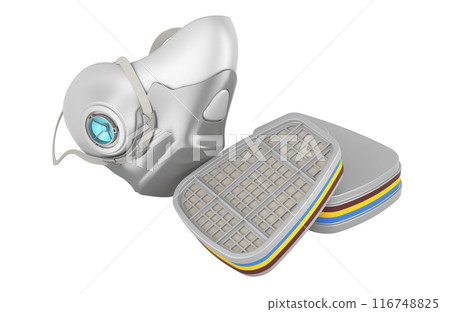 Respirator with cartridges, filter boxes from respirator, 3D rendering 116748825