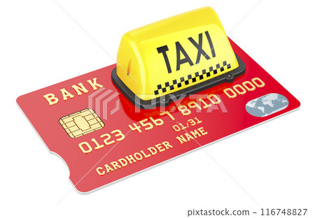 Taxi car signboard on payment card. Cashless payments concept. 3D rendering 116748827