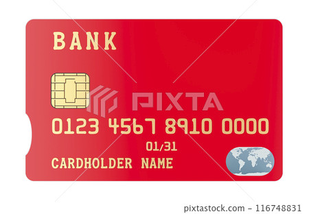 Credit Bank Card, front view. Red color, 3D rendering 116748831
