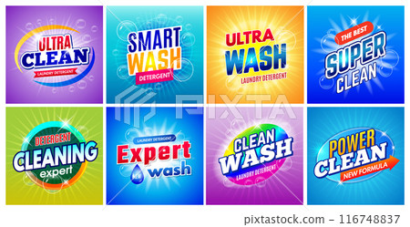 Detergent badges. Laundry washing packages logo templates recent vector laundry product identity Detergent badges. Laundry washing packages logo templates recent vector laundry product identity 116748837