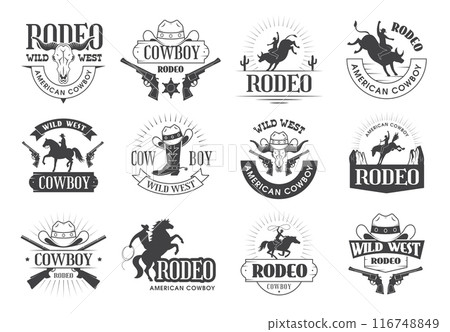 Cowboy labels. Man with lasso riding on bull recent vector rodeo games template Cowboy labels. Man with lasso riding on bull recent vector rodeo games template 116748849