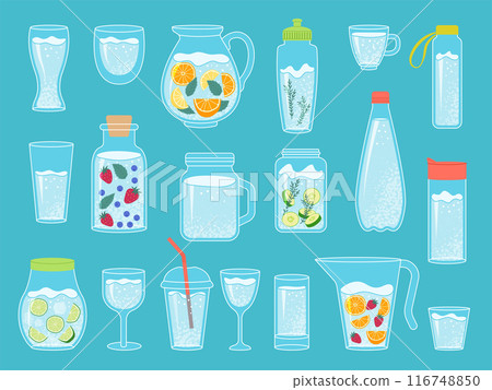 Water cup. Cans bottles with detox drinks decanter with liquids recent vector water Water cup. Cans bottles with detox drinks decanter with liquids recent vector water 116748850