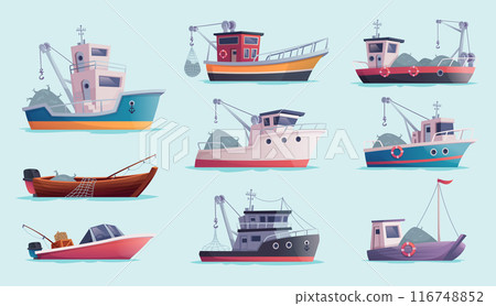 Fishing boats. Marine transport fo fisherman exact vector seafood production illustrations set 116748852