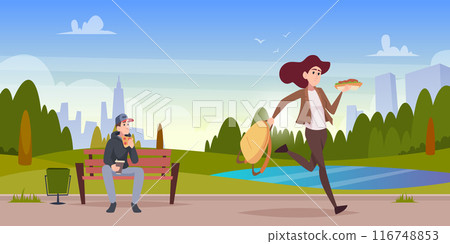 Snacks people. Eating at work exact vector quick snacks characters cartoon background Snacks people. Eating at work exact vector quick snacks characters cartoon background 116748853