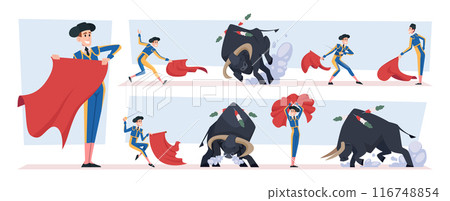 Corrida. Spanish bullfight performance with bull matador and toreadors exact vector cartoon illustrations set 116748854