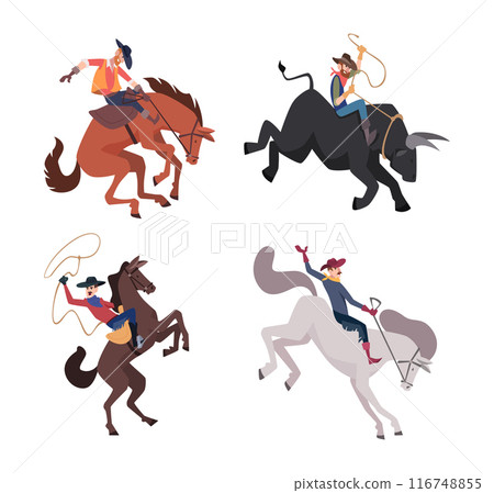 Rodeo. Cowboy bull or horse rider wild retro game exact vector cartoon rodeo concept illustrations set Rodeo. Cowboy bull or horse rider wild retro game exact vector cartoon rodeo concept illustrations set 116748855