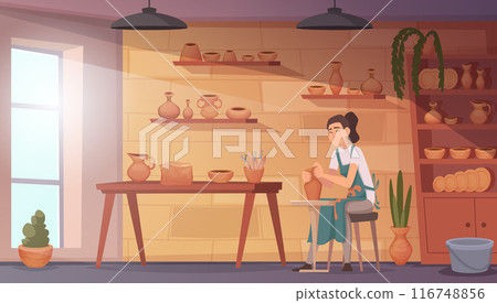 Pottery background. Plates scoop spoon workshop for clay utensils production exact vector template in flat style Pottery background. Plates scoop spoon workshop for clay utensils production exact vector template in flat style 116748856