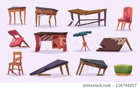 Broken chairs. Old damaged furniture sofas chairs tables wardrobe cupboards exact vector cartoon template 116748857