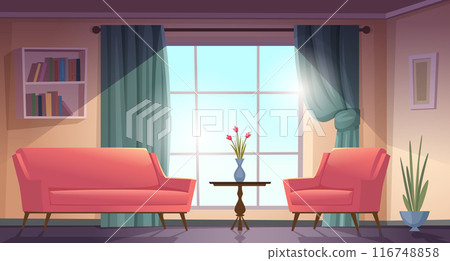 Living room. Cozy interior with armchairs and sofas exact vector cartoon background with couches pictures 116748858