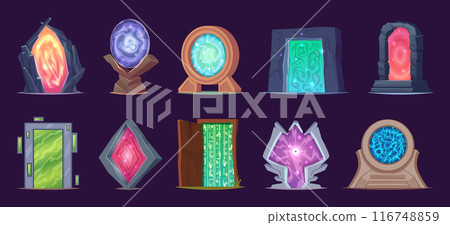 Magic doors. Fantasy futuristic entrance in magic world glowing fantasy doors exact vector template Magic doors. Fantasy futuristic entrance in magic world glowing fantasy doors exact vector template 116748859