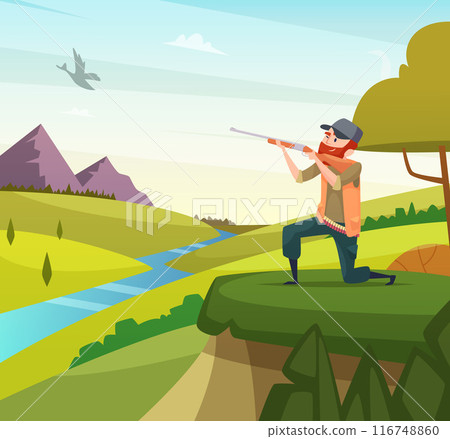 duck hunter. man aiming in gun. hunter standing in green hills vector background 116748860