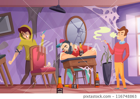 bad habits. drug den with self damaged characters man sleeping with alcohol bottles smoking and using drugs 116748863