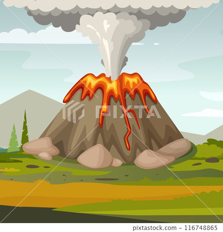 volcano. cartoon background illustration with active volcano explode lava volcano. cartoon background illustration with active volcano explode lava 116748865