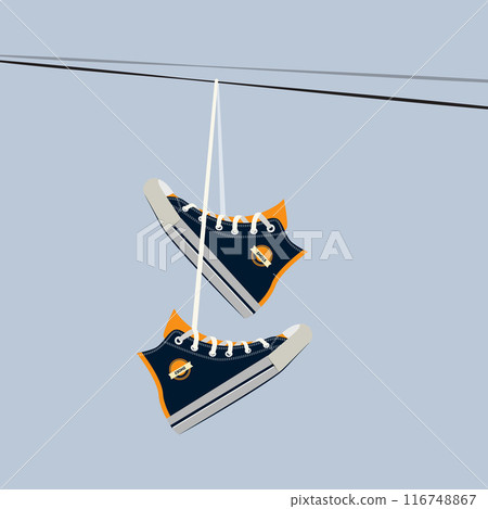 sneakers on wires. old style footwear isolated on background 116748867