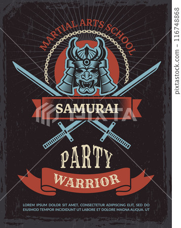 samurai mask. retro poster of martial art school with catana weapon and aggressive stylized asian warrior mask 116748868