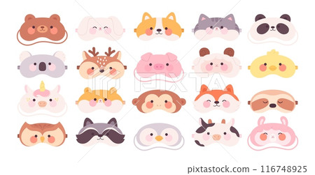 Animal dreaming masks. Children sleep mask, cartoon mascots. Travel night accessories. Bear pig unicorn panda fox faces, racy vector trip clipart 116748925