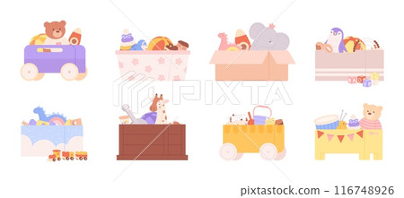 Toy boxes. Children toys in different containers. Plush bear and elephant, bucket penguin train. Storage at home or kindergarten, racy vector elements 116748926