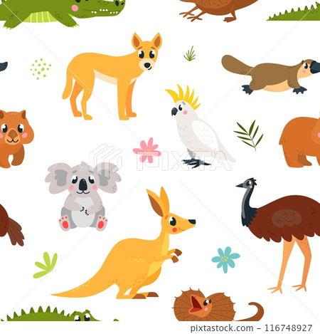 Australian animals seamless pattern. Funny animal exotic fauna. Cute cartoon childish wild characters. Fabric wallpaper wrapping classy vector print design Australian animals seamless pattern. Funny animal exotic fauna. Cute cartoon childish wild characters. Fabric wallpaper wrapping classy vector print design 116748927