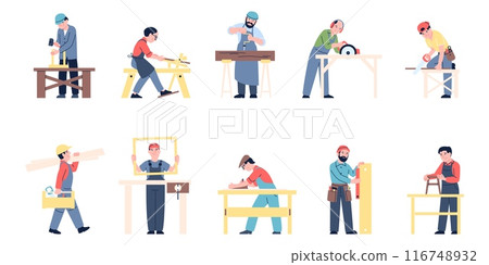 Carpenter working. Wood industry workers, joiners and craftsmen. Men sawing, planing, hammering nails, processing woods recent vector clipart 116748932
