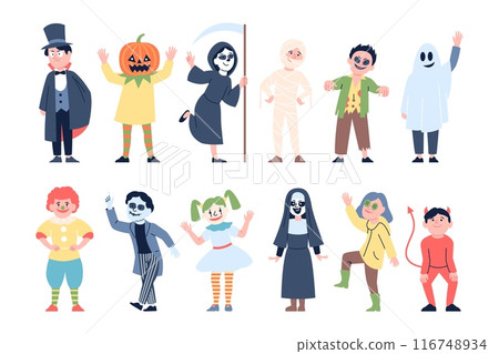 Halloween costumes kid. Children in different spooky outfits. Pumpkin vampire clown death nun. Festival party or carnival little recent vector characters 116748934