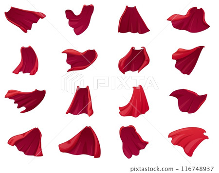 Cartoon superhero red cape. Different cloaks in active shapes, flying vibrant capes. Isolated elements for children, magic mantle nowaday vector set 116748937