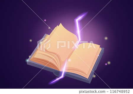 Open empty book and shining elements. Magic fairy tale diary, mystical witchcraft notebook. Fantasy and ancient knowledge, wizard vector background Open empty book and shining elements. Magic fairy tale diary, mystical witchcraft notebook. Fantasy and ancient knowledge, wizard vector background 116748952