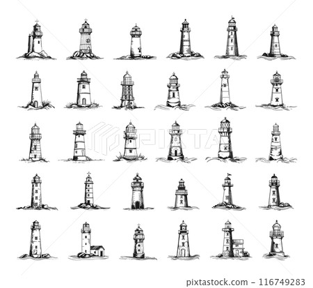 Lighthouses Icons Set Line Engraving Style Sketch Crisp Contours White Background Illustration Nautical Coastal Minimalist Design Decorative Elements Sketch Style Outline 116749283
