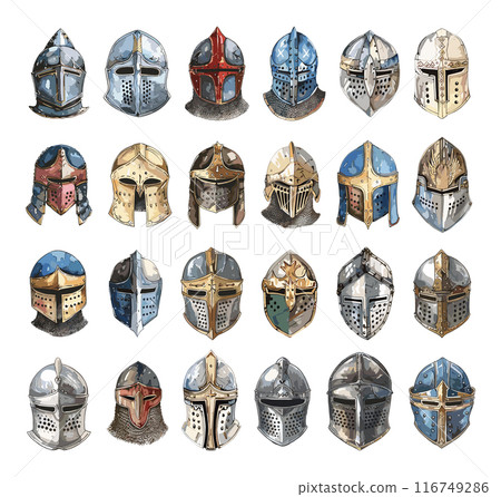 Knights Helmets Set Low Detailed Watercolour Line Sketch Crisp Contours White Background Illustration Armor Medieval Weaponry Minimalist Flat Design Decorative Elements Sketch 116749286