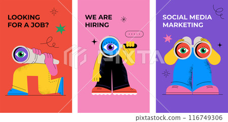 Funny characters holding binoculars, magnifying glass and spyglass telescope. Seo, searching Funny characters holding binoculars, magnifying glass and spyglass telescope. Seo, searching 116749306