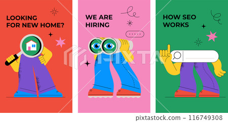 Funny characters holding binoculars, magnifying glass and spyglass telescope. Seo, searching Funny characters holding binoculars, magnifying glass and spyglass telescope. Seo, searching 116749308