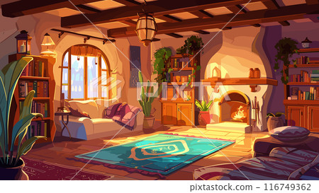 Boho Living Room Adventure Mobile Game Level Cartoon Illustration Interior Decor Furniture Design Decorative Elements Game Interface UI Digital Art Vector Graphics 116749362