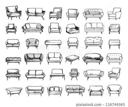 Boho Designer Sofas Doodle Style Icons Set Low Detailed Line Sketch Crisp Contours White Background Illustration Furniture Minimalist Flat Design Decorative Elements Sketch Style 116749365