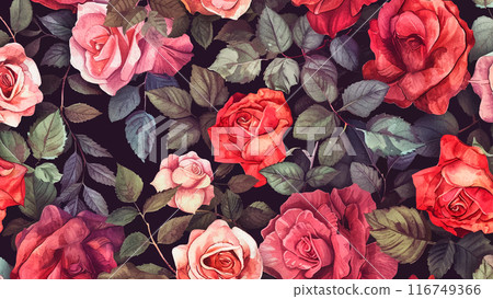 Blooming Rose Garden Watercolor Floral Pattern Background, watercolor roses flowers leaves floral blooming garden game botanical nature watercolor painting digital art 116749366