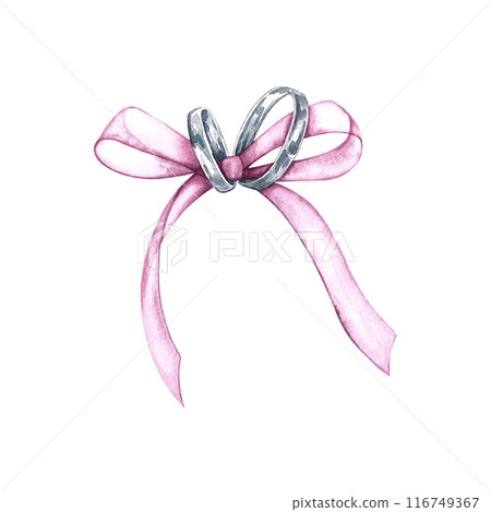 Silver wedding rings tied with a ribbon for a pillow. A separate illustration of a handmade watercolor painting. An element of the design of invitation and greeting wedding cards in watercolor style. 116749367
