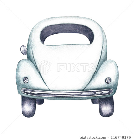 Vintage retro car in white, rear view. The watercolor illustrations are made by hand. Isolate it. For banners, flyers, posters. For prints, stickers, postcards. 116749379