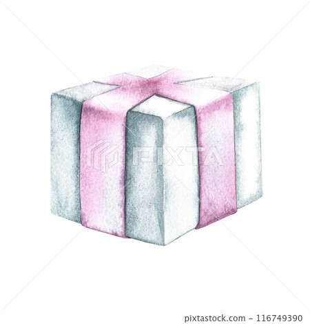 A white gift box with a pink ribbon without a bow. A watercolor illustration made by hand. Isolated. An element of the design of invitations and greeting cards. 116749390