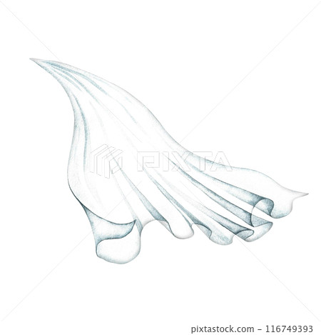 White wedding veil. An element of the bride's outfit. The lady logo. A separate watercolor illustration made by hand. An element of the design of postcards, banners, flyers and invitations. 116749393