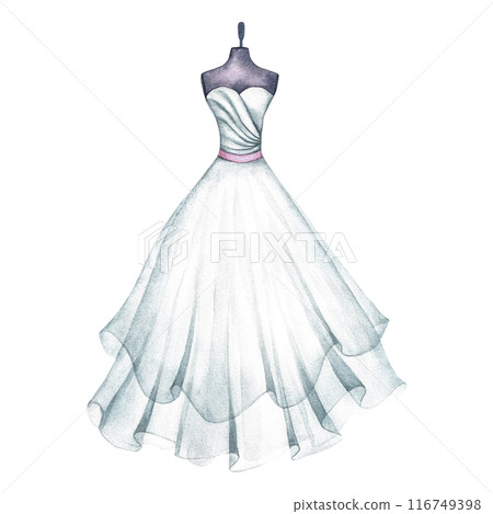 A white wedding dress. fashionable outfit for the bride, evening dresses. The lady's logo. A separate watercolor illustration made by hand. A design element for cards, banners, flyers and invitations. 116749398