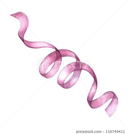 The ribbon is pink. Curly textile ribbon. An isolate of a watercolor illustration made by hand. An element of the design of invitation and greeting wedding cards in watercolor style. 116749412